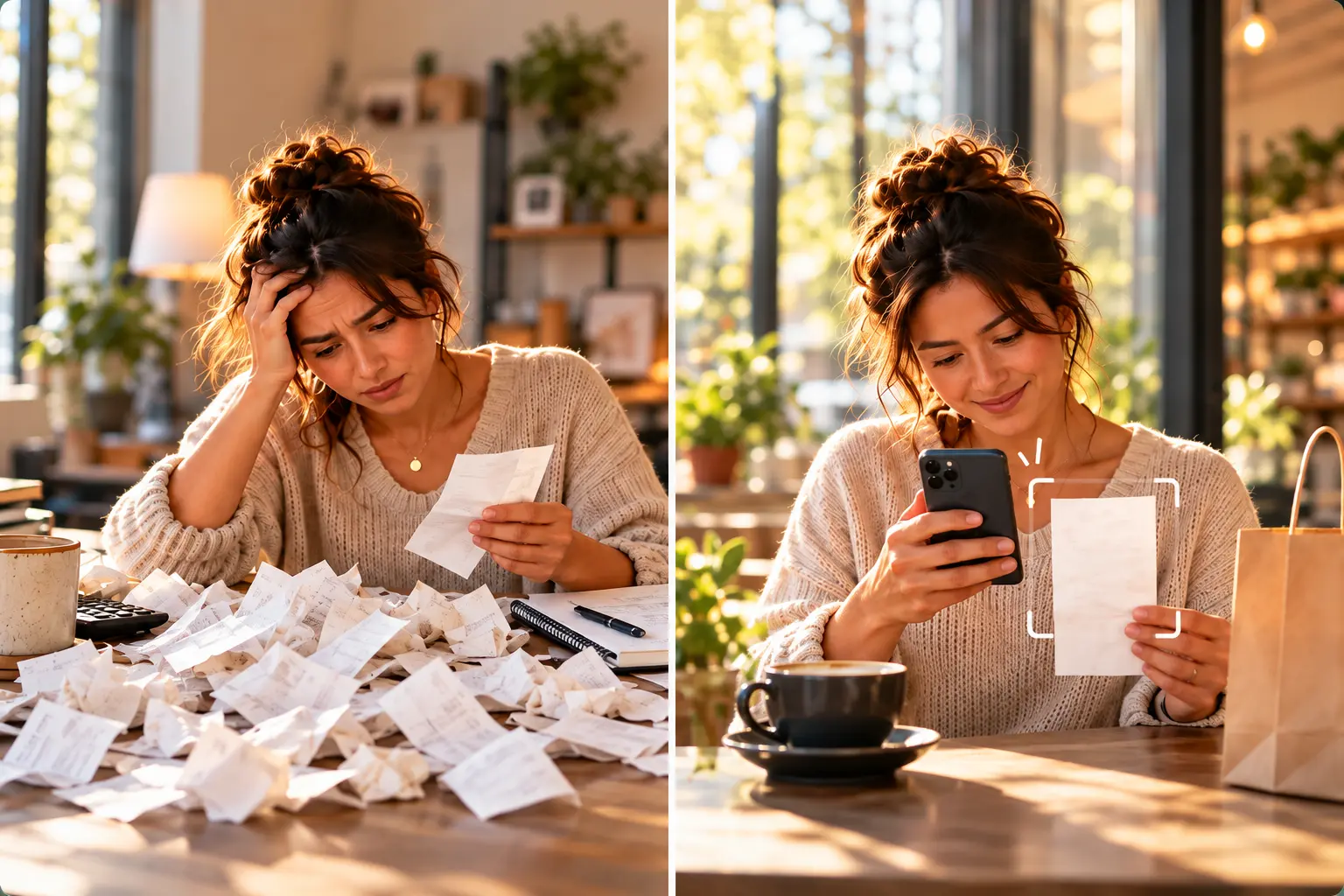 Comparing a pile of crumpled receipts with quick receipt photos